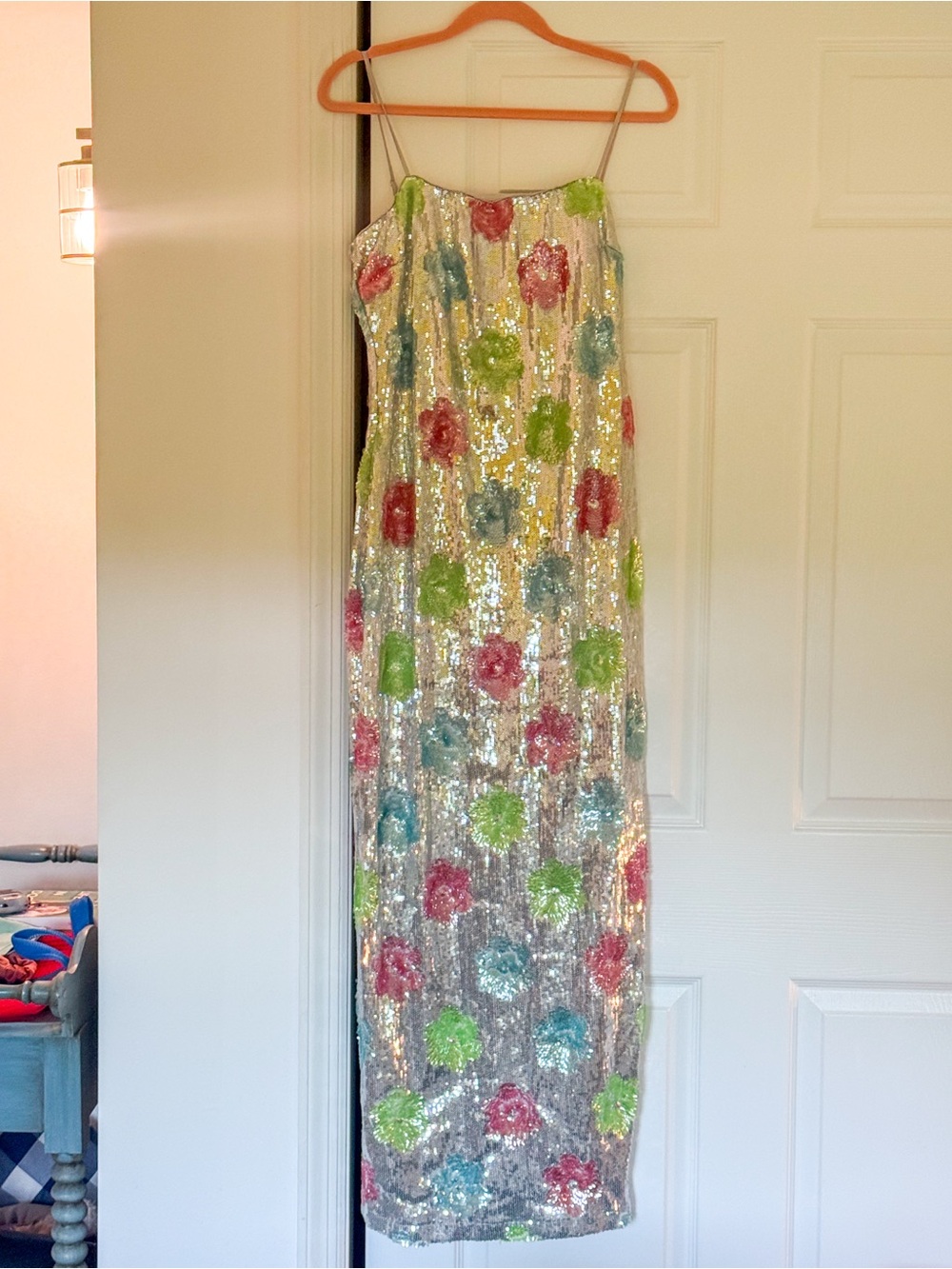 Betsey Johnson Silver Sequin Maxi Dress with Pink, Blue, and Lime Floral Accents